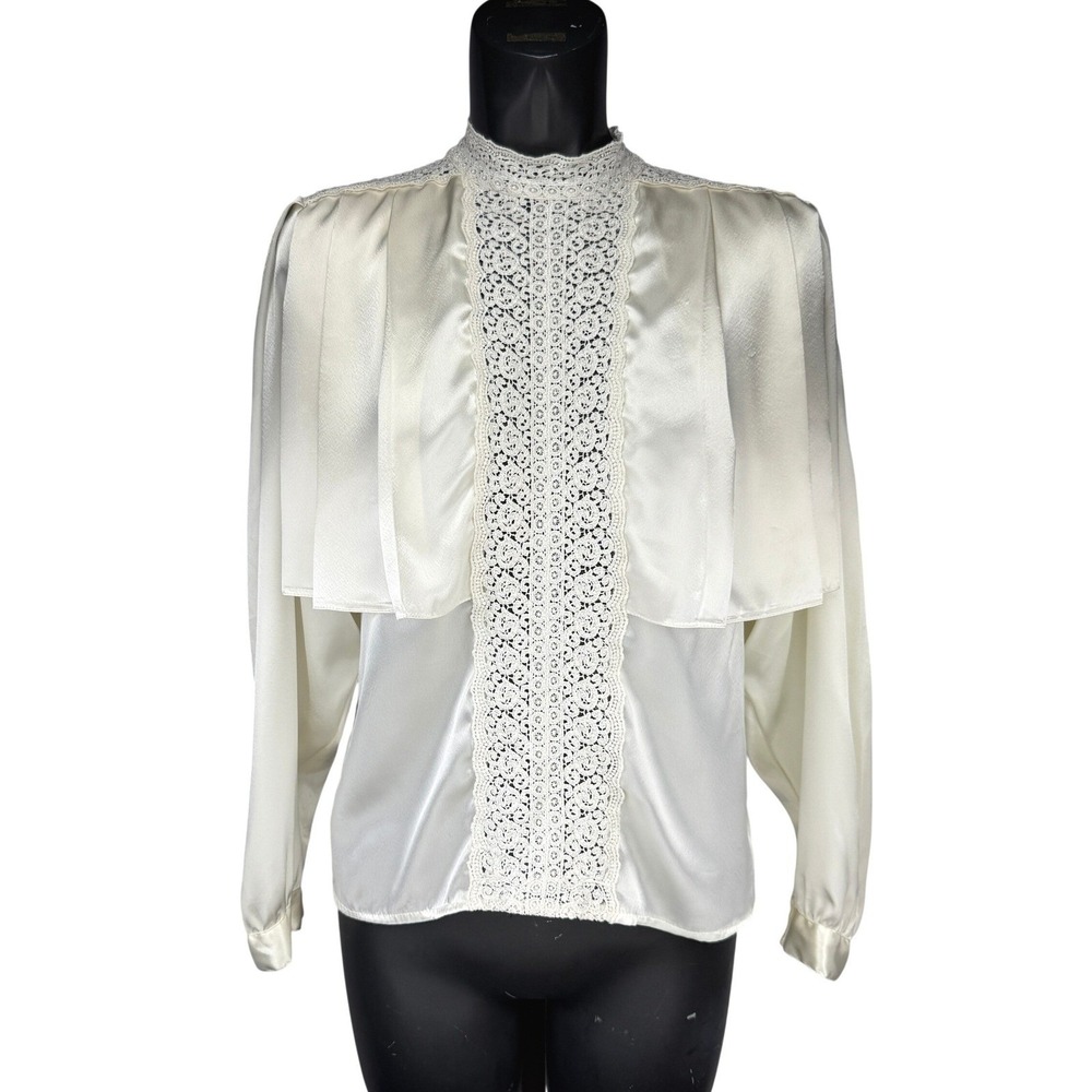 SONYA RATAY Vintage Lace Satin Cream 80-90's Victorian Mock Neck Bib Blouse S